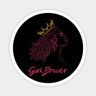 Beautiful girl with curly hair and a golden crown with the text saying "Girl Power" Magnet